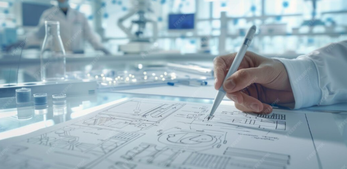 Laboratório moderno de análises clínicas com cientistas trabalhando em ambiente controlado conforme 