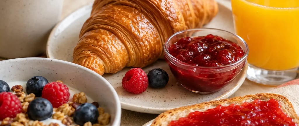 Croissant, tartines à la confiture, jus d’orange et bol de céréales avec fruits rouges sur une table.