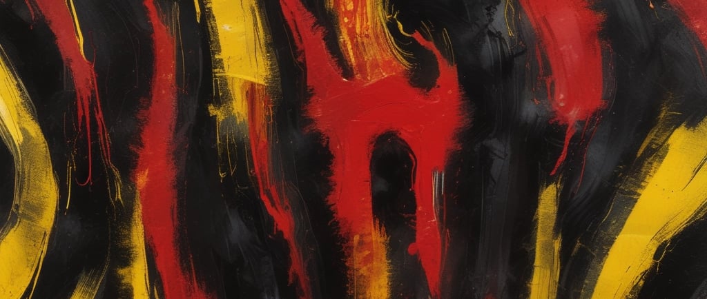 gray and white building with red, yellow, and black striped flag on roof