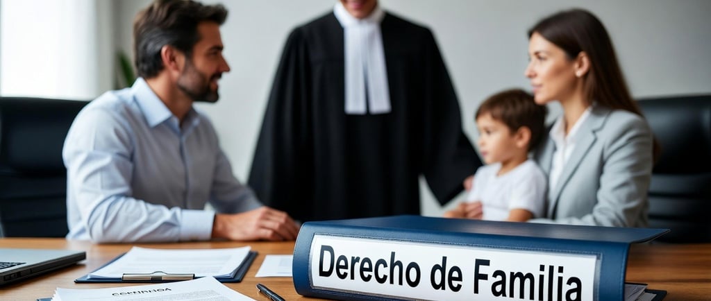 dos padres con su hijo y un juez, frente al derecho de familia