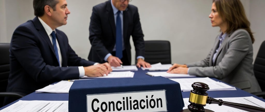 dos personas conciliando con un juez
