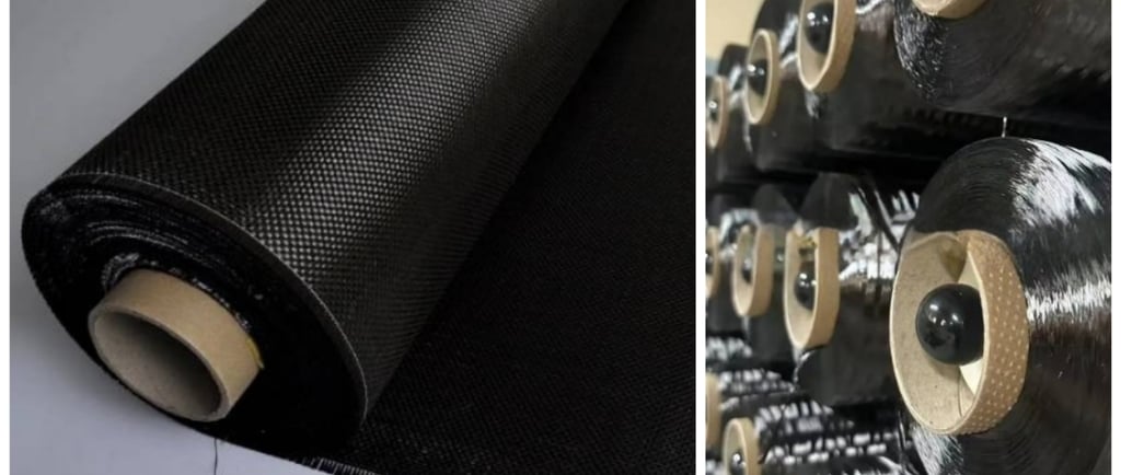 Rolls of T300 and T700 carbon fiber prepreg fabric, showing high-strength twill weave material used 