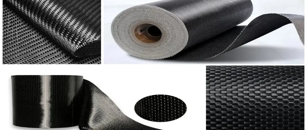A collage showing rolls of black carbon fiber fabric with a distinct twill weave pattern for industrial use.