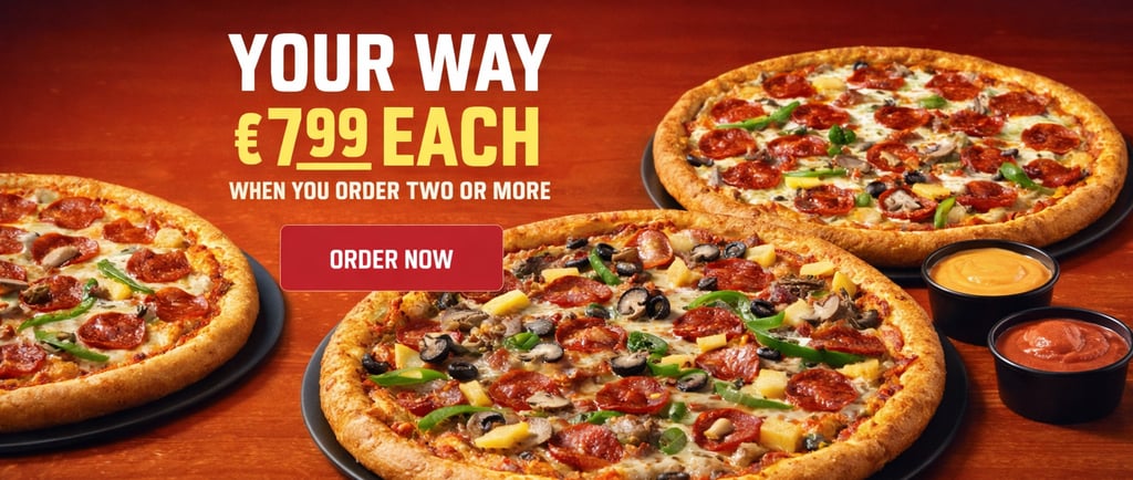 Captura de pantalla de la web de Domino’s Pizza con una oferta de pizzas a 7,99 euros, botones para 