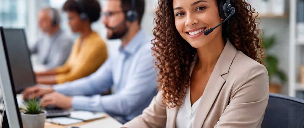 Mujer atendiendo una llamada con auriculares y micrófono en un servicio de atención al cliente acces