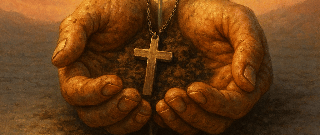 Hands holding soil with a blooming pink flower and a gold cross necklace over parched earth at sunset.
