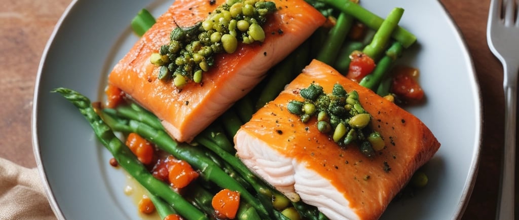 Salmon glaseado con mermelada de pimientos naranja