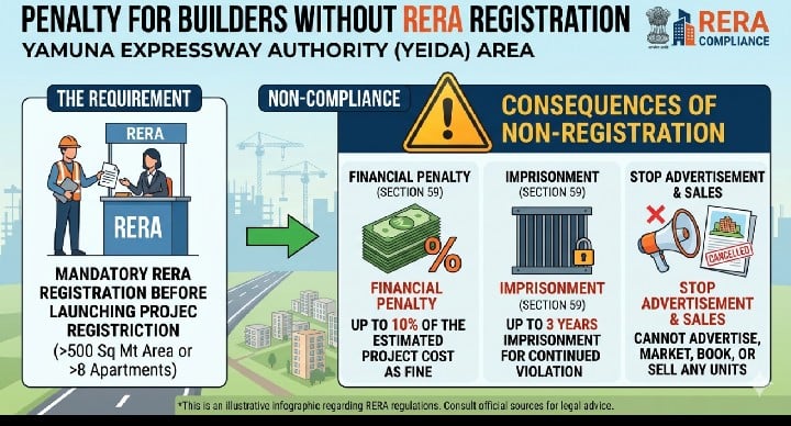 penalty for builders without rera registration in yamuna authority