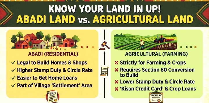 legal difference between abadi land and agricultural land in up