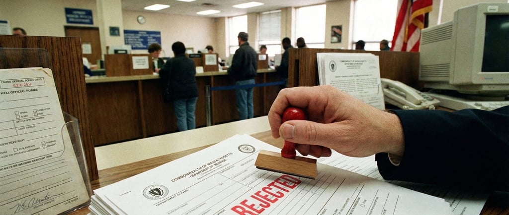 Rejected document requiring apostille correction in Massachusetts.