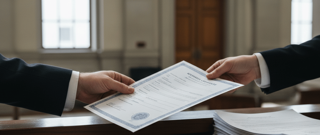 Massachusetts birth certificate apostille being submitted at a government office desk in Boston.