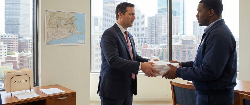 Client preparing Massachusetts documents for apostille at One Ashburton Place in Boston