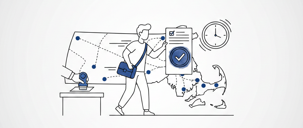 Doodle-style illustration of a document with an apostille stamp and checkmark over a Massachusetts o