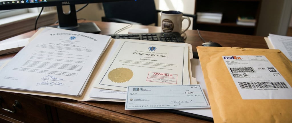 Massachusetts apostille cost showing six dollar state fee and courier service envelope