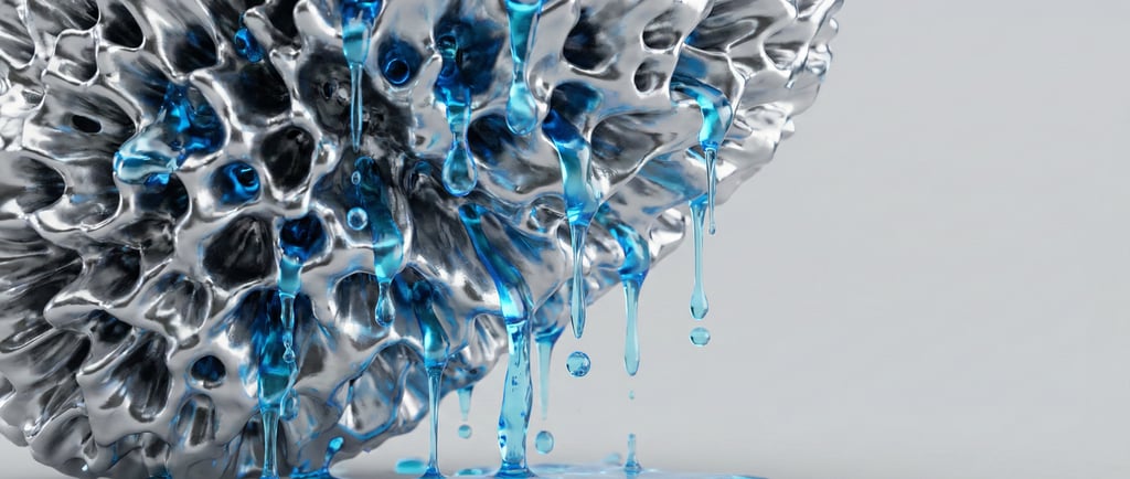 a large, silver and blue sea sponge with a blue liquid pouring out of it