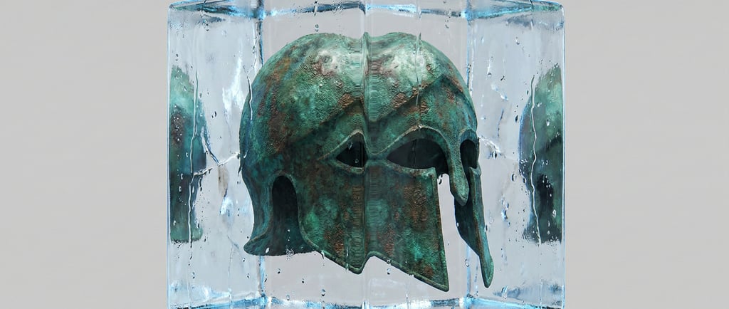 a helmeted helmet on a clear glass block