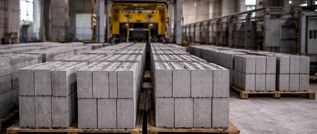 Blocos de concreto estruturais e de vedação organizados em pallets dentro de fábrica industrial