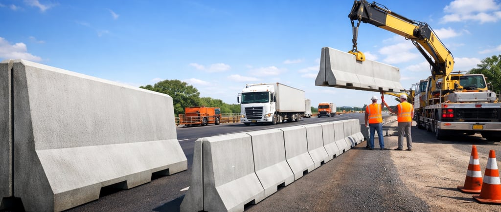 Barreiras New Jersey pré-moldadas sendo instaladas em rodovia com caminhão munck