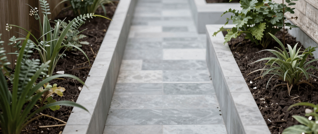 garden path with raised flower beds