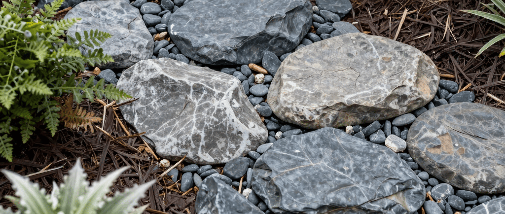 stones and slaps decorating a garden 