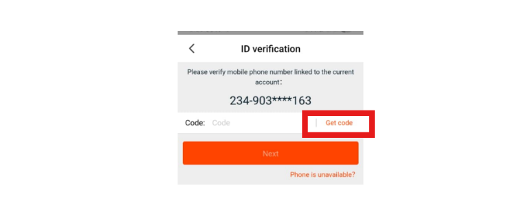 ID verification screen showing a mobile phone number field with a Get Code button highlighted in red