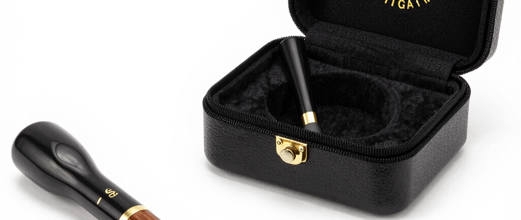 Luxury wooden tobacco pipe set with a black leather carrying case and metal accessories.