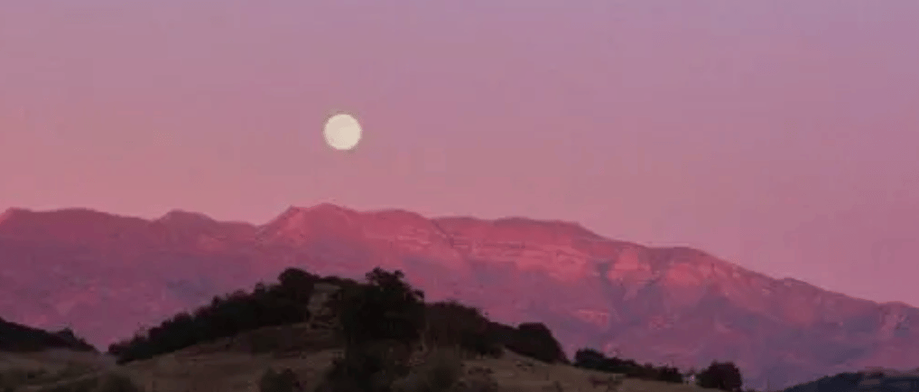 The Pink Moment casting a rosy glow over the Topatopa Mountains above the Ojai Valley at sunset