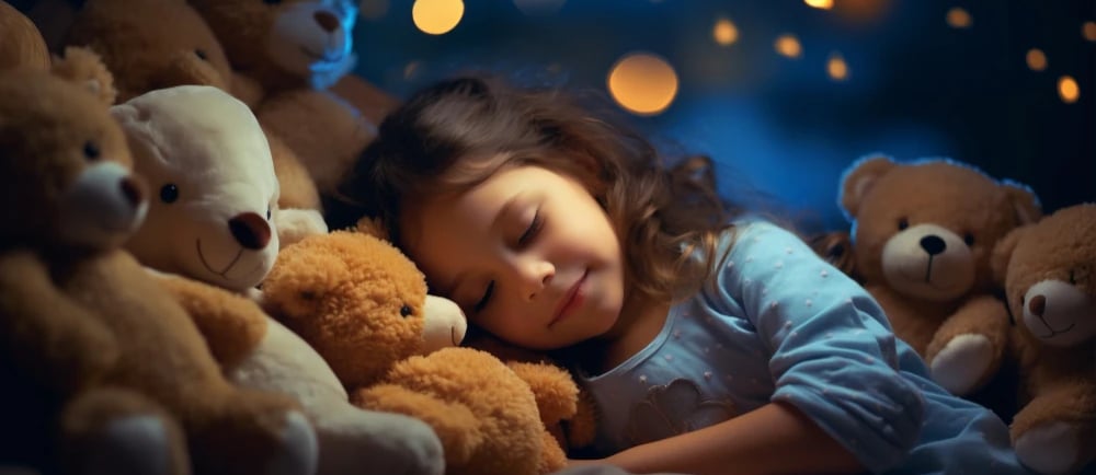 Illustration showing a child sleeping peacefully with dream imagery representing nightmares and nighttime thoughts.