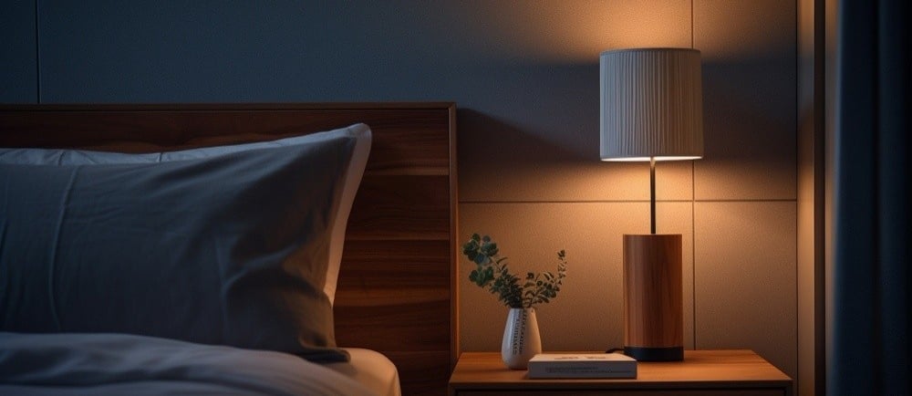 Soft bedside lighting and a tidy bedroom creating a calm space for a relaxing night routine.