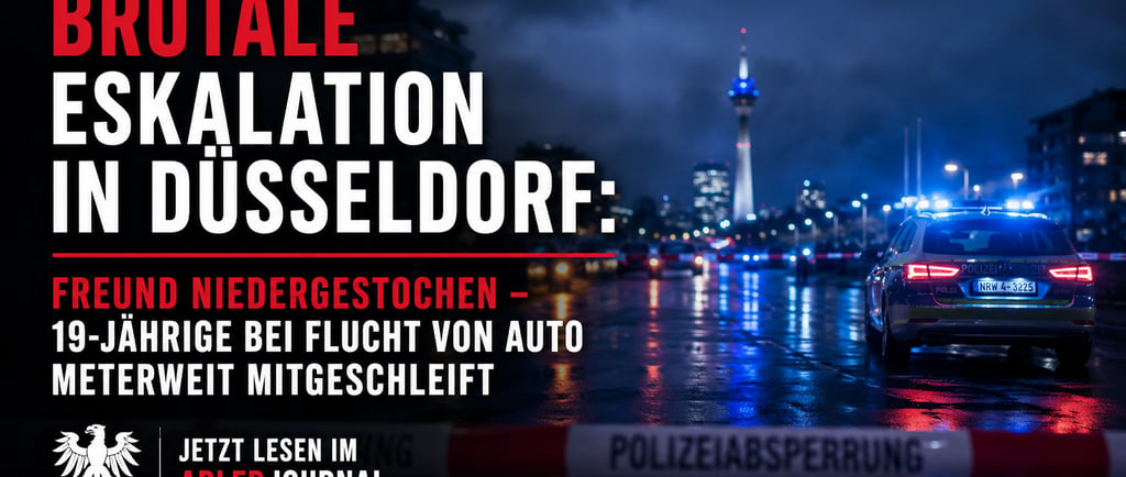 Polizeiwagen an einem abgesperrten Tatort in Düsseldorf bei Nacht, Schlagzeilen berichten von einer