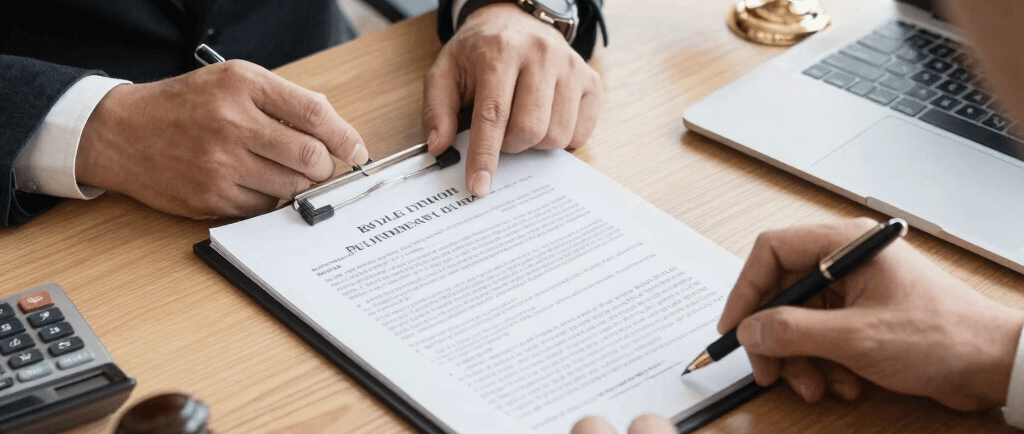 Elegant business lawyer reviewing complex documents in a modern office with blue and purple tones.