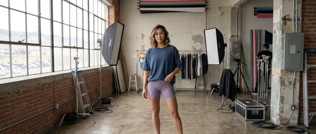 Model wearing Lululemon Lavender Align Shorts and Oversized Blue Tee
