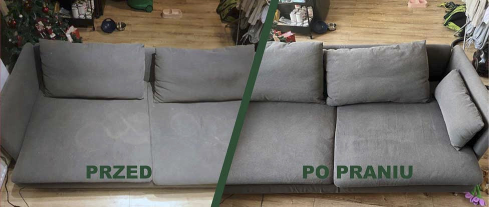 Zdjęcie typu befote-after Zasikana przez pieskki kanapa przed i po praniu odkurzaczem piorącym