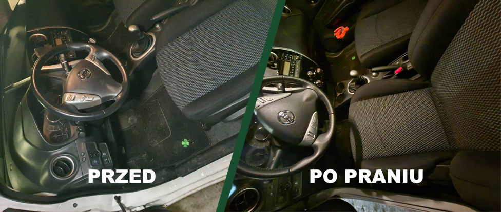 Poplamione wnętrze samochodu przed praniem i już czyste po praniu odkurzaczem piorącym.