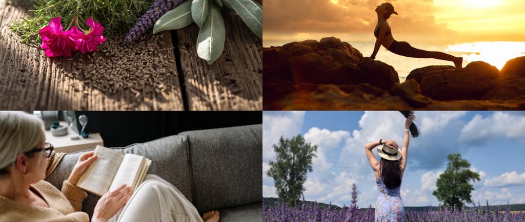 Wellness für Frauen ab 40: Collage mit Kräutermedizin, Yoga bei Sonnenuntergang und Entspannung im L