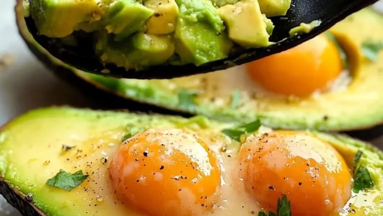 Gesundes Frühstück ab 40: Gebackene Avocado-Eier mit frischen Kräutern und flüssigem Eigelb.