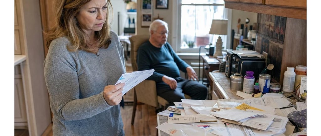 Concerned daughter noticing unopened mail and clutter, a subtle sign her aging parent needs help