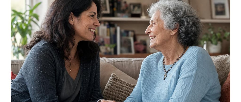 Adult daughter comforting her senior mother at home, recognizing signs of aging parent isolation in