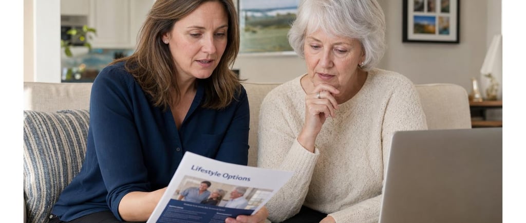 Daughter and senior mother comparing companion care, home health, and assisted living options in Okl