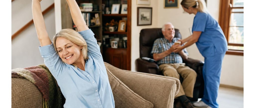 Relieved family caregiver taking a respite break while a professional caregiver helps a senior man a