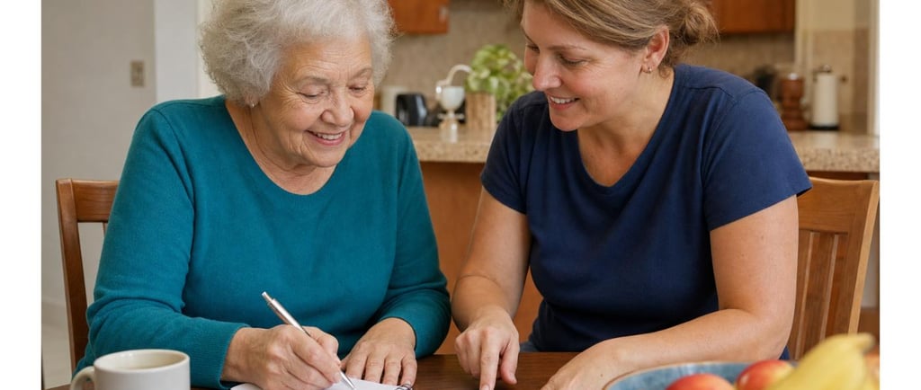 Senior woman and home care companion reviewing companion care costs and budget in Oklahoma City