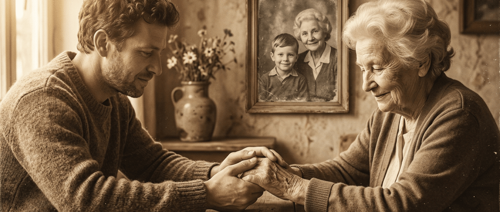 A son holding his elderly mother's hands. Pisma iz srca
