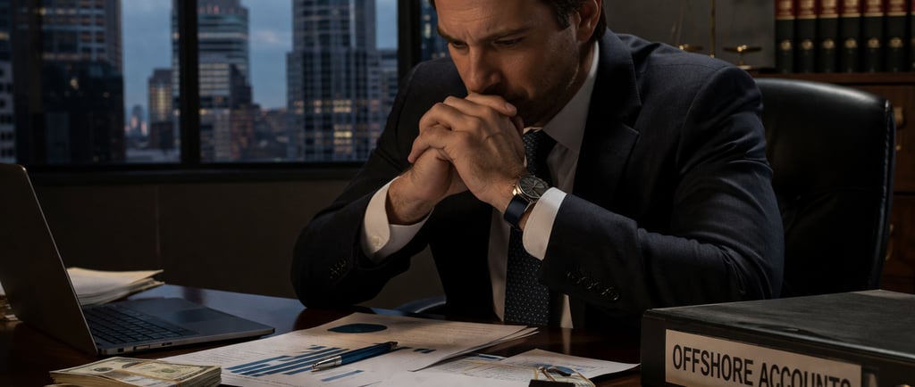 white-collar criminal sitting behind his desk