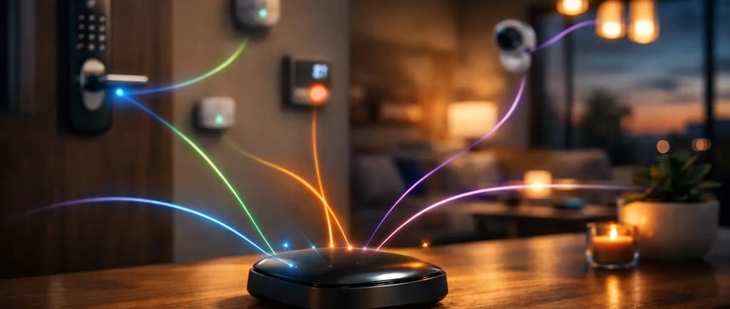 Smart home hub connecting lights, lock, sensors, and camera with glowing wireless links in a modern interior.