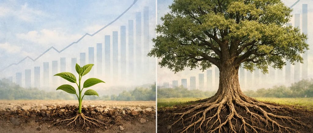 Short-term vs long-term investing shown as a small plant and a large tree.