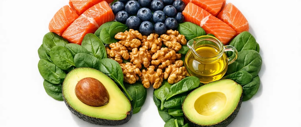 Brain shaped arrangement of healthy foods including salmon blueberries spinach walnuts and avocado for brain health