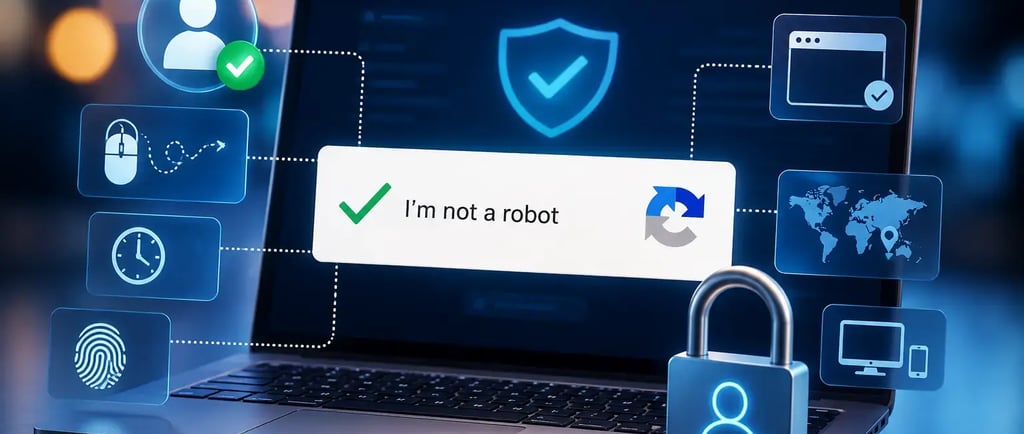 3D illustration of a laptop showing a CAPTCHA verification checkmark, surrounded by security icons, user verification symbols