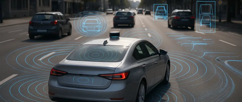 Autonomous car with sensors, LiDAR, and cameras processing real-time traffic data on the road