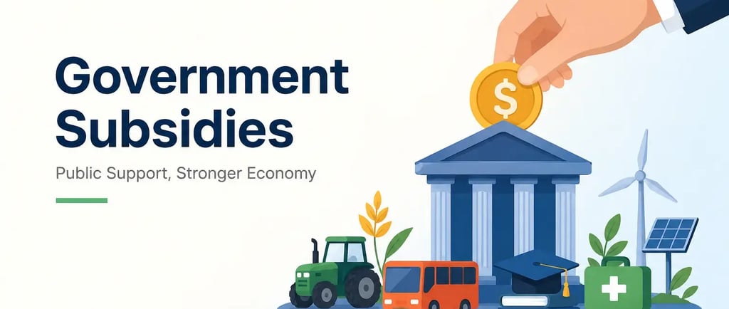 Government subsidy concept showing public support for food, farming, energy, education, and economy