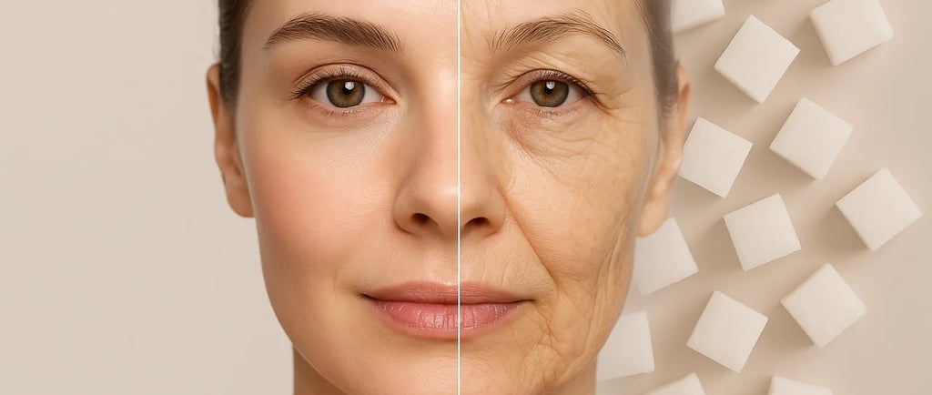 comparison showing glowing, firm skin on the left and dull, wrinkled skin on the right illustrating sugar-induced skin aging.